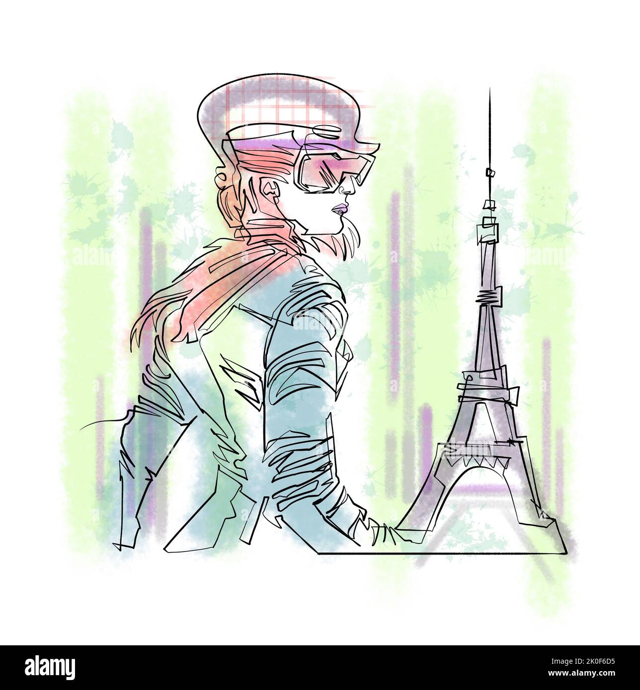 fashion illustration - profile of a beautiful young woman in aviator glasses, 1930's style, leather jacket, side view against eiffel tower, concept Stock Photo