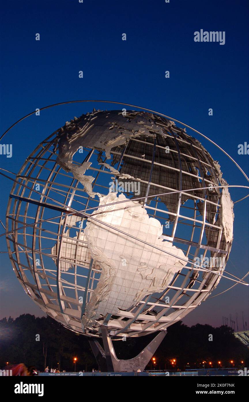 The stainless steel Unisiphere was built for the 1964 New York World's Fair and has become a landmark in Flushing Meadows Corona Park in Queens Stock Photo