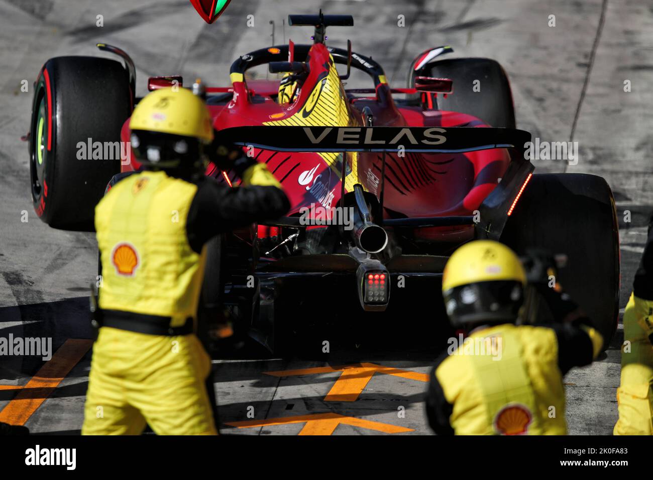 Monza, Italy. 11th Sep, 2022. Charles Leclerc (MON) Ferrari F1-75 makes a pit stop. Italian Grand Prix, Sunday 11th September 2022. Monza Italy. Credit: James Moy/Alamy Live News Stock Photo
