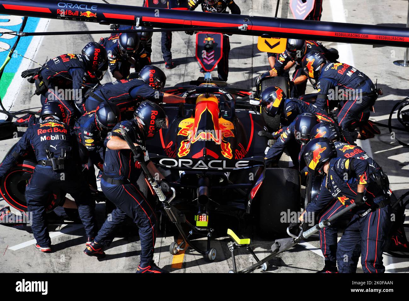 Monza, Italy. 11th Sep, 2022. Max Verstappen (NLD) Red Bull Racing RB18 makes a pit stop. Italian Grand Prix, Sunday 11th September 2022. Monza Italy. Credit: James Moy/Alamy Live News Stock Photo