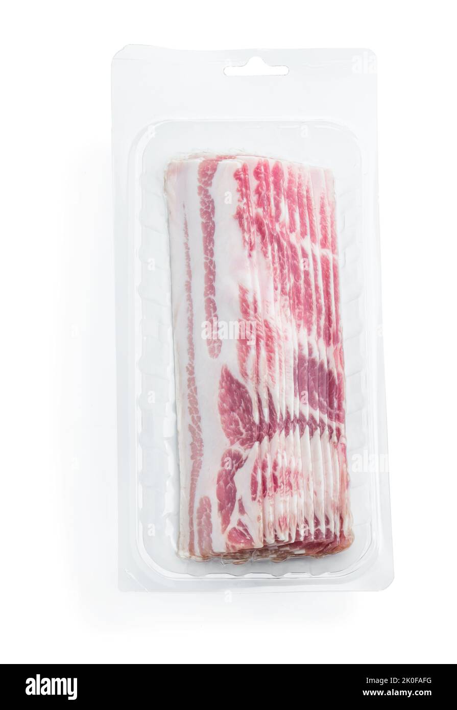 Smoked and sliced bacon in vacuum pack isolated on white Stock Photo