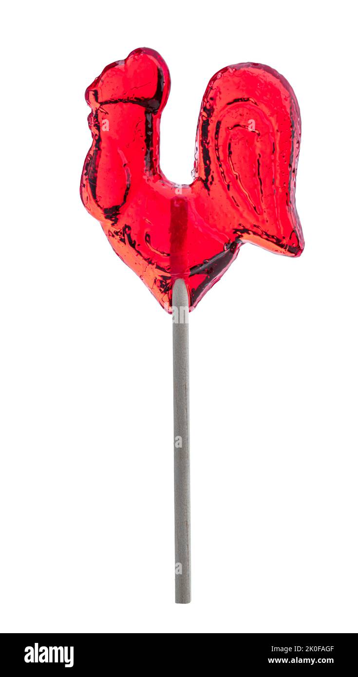 Traditional  hen shape red lollipop on wooden stick isolated Stock Photo