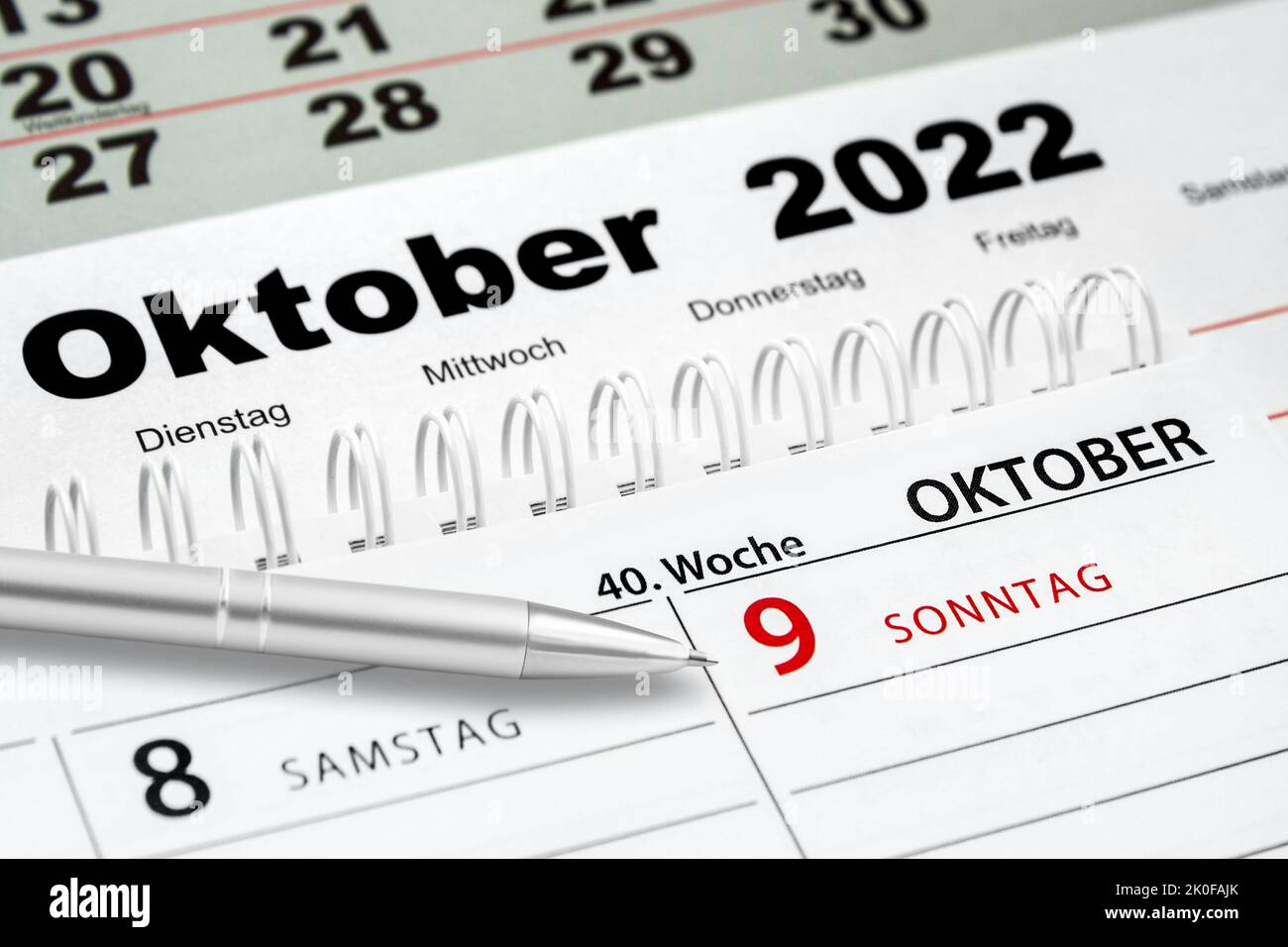 German calendar 2022  October 9  Sunday Week 40 and weekdays Stock Photo