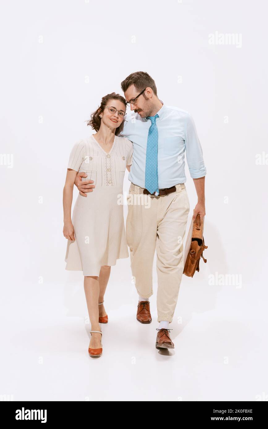 Portrait of beautiful couple, man and woman walking together and ...