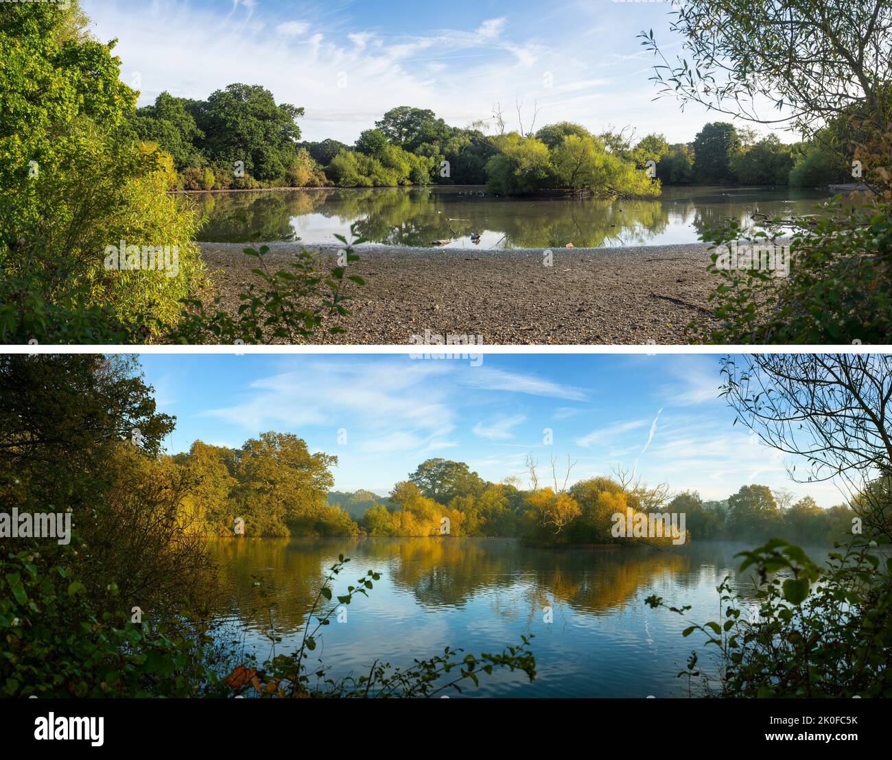 The Cemetery Lake on Southampton Common in August 2022 (top) November 2021 (bottom) showing the effect of the unusually low rainfall in July 2022 Stock Photo