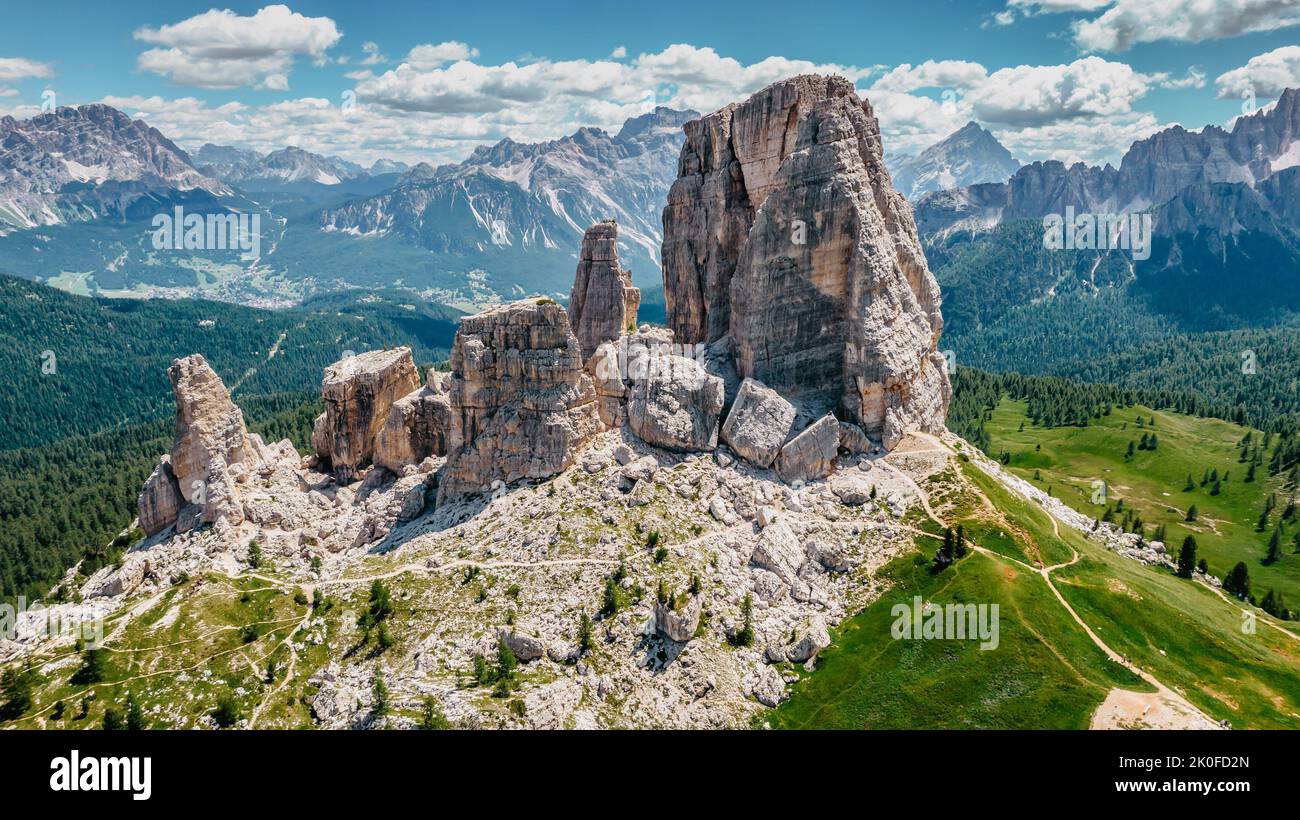 Climbing in Cinque Torri,Dolomites,Italy.Five towers and rock formations close to Cortina d'Ampezzo attract many tourists.Picturesque Dolomite Alps, Stock Photo