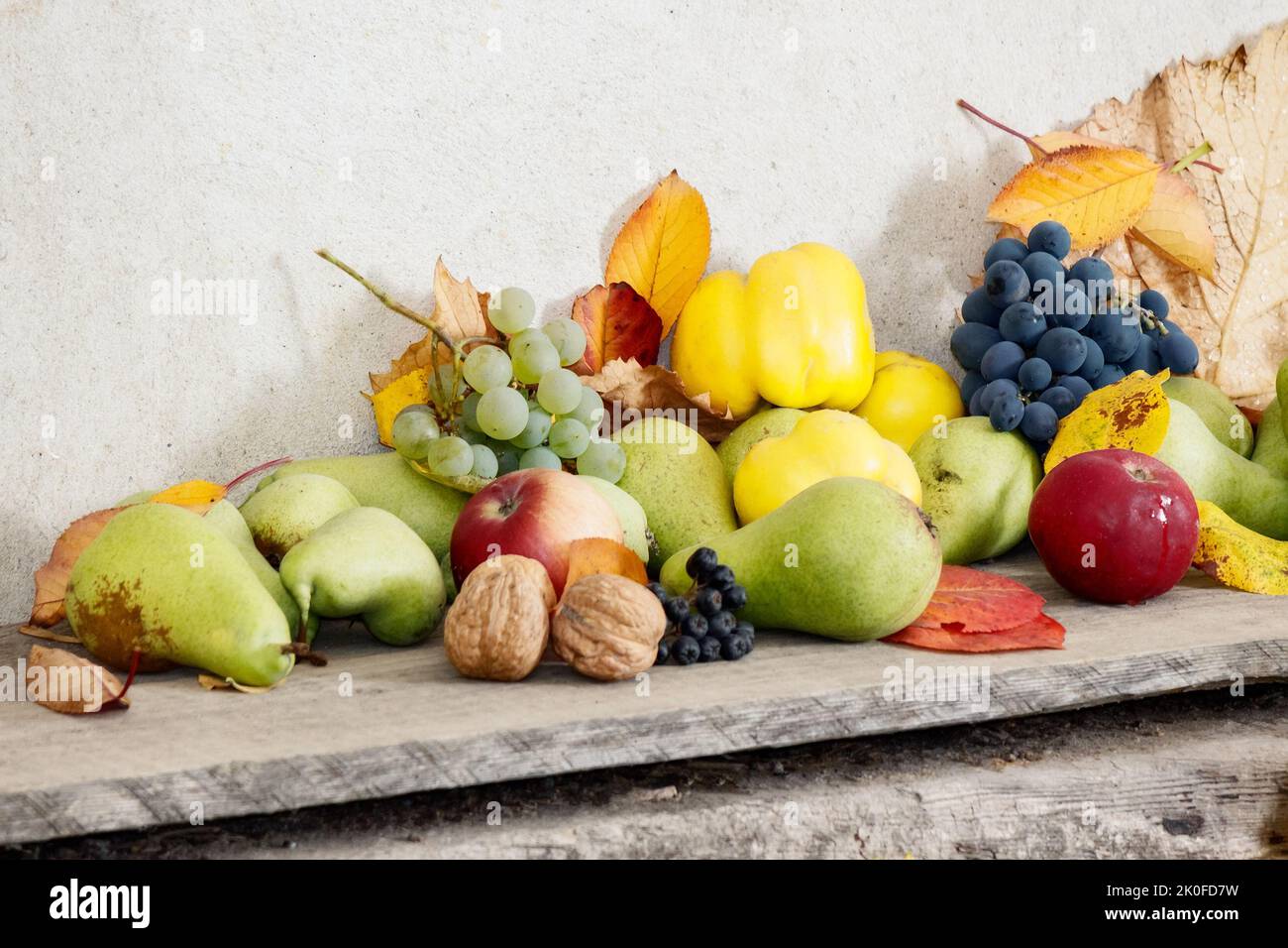 autumn harvest on the wooden board. bunch of ripe fruits. natural grown healthy food and sustainable living Stock Photo