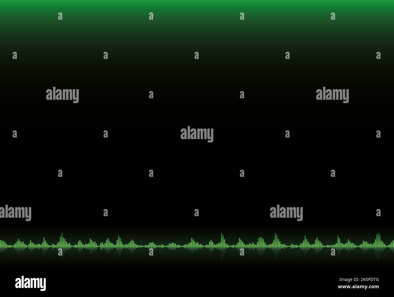 Equalizer bars, green soundwave amplitude, volume level wave, audio frequency scale on green and black gradient background. Stock Photo
