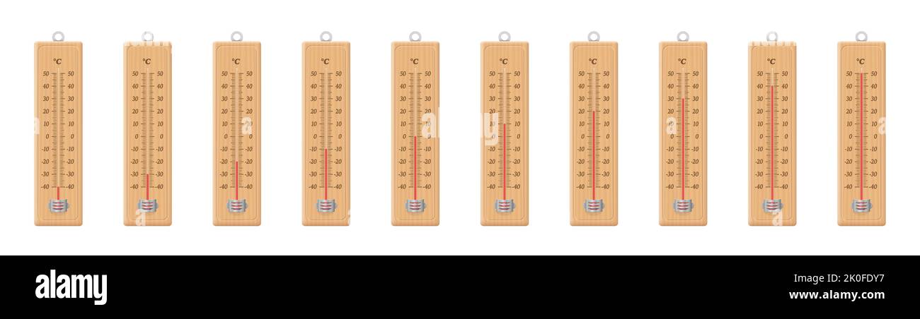 Thermometers with rising temperature values from minus fourty to plus fifty degrees celsius. Wooden meteorological instrument with different readings. Stock Photo
