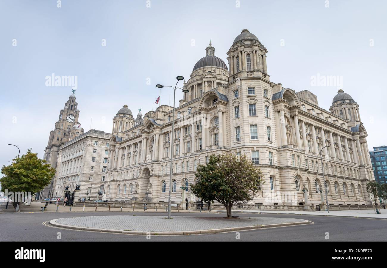 Three Graces on the Liverpool waterfront comprising Port of Liverpool Building, Port of Liverpool Building & the Royal Liver Building seen in Septembe Stock Photo