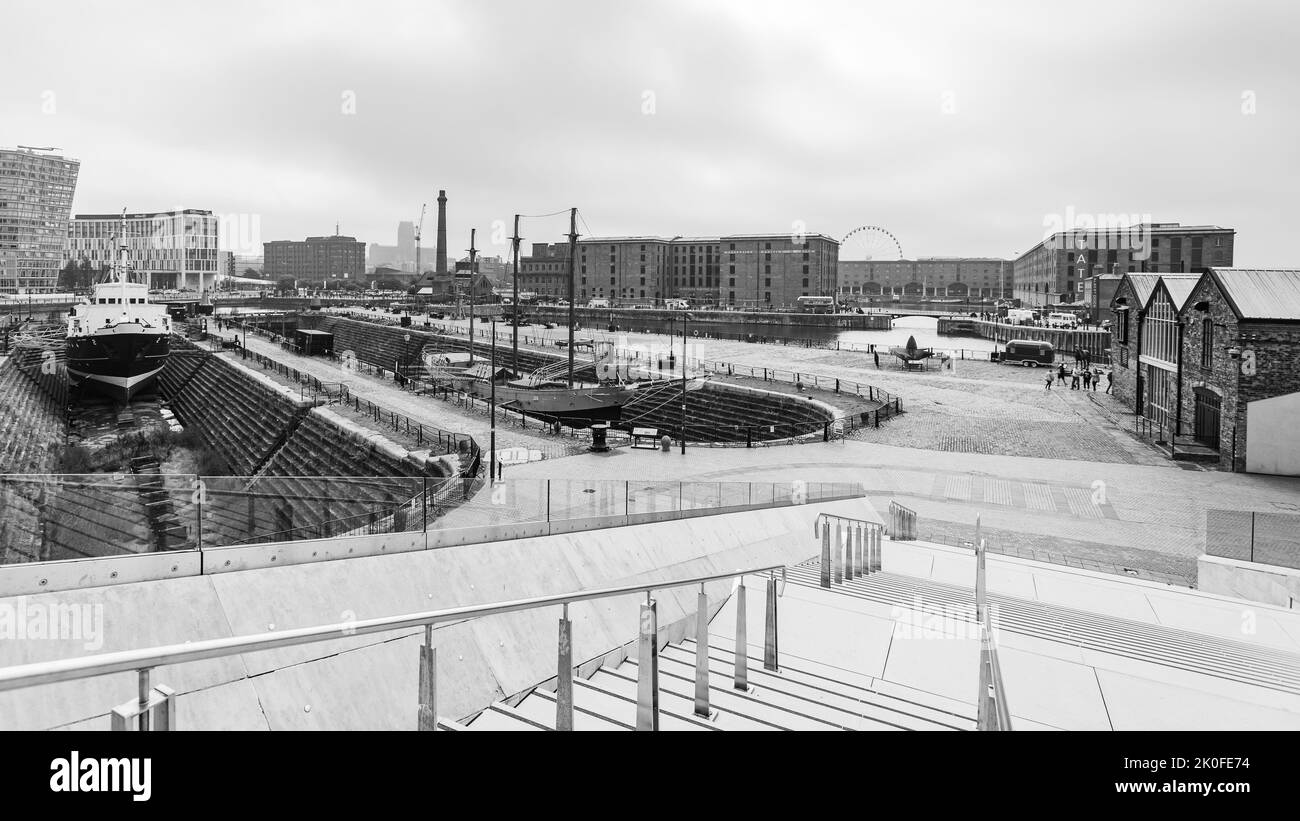 Historic docks of Liverpool seen in black and white on the Liverpool waterfront seen in September 2022 including the Royal Albert Dock. Stock Photo