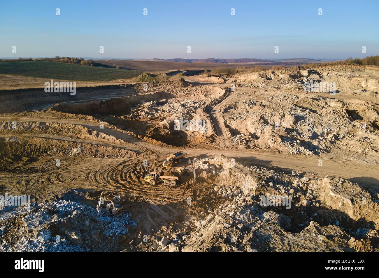 Aerial view of open pit mining site of limestone materials for