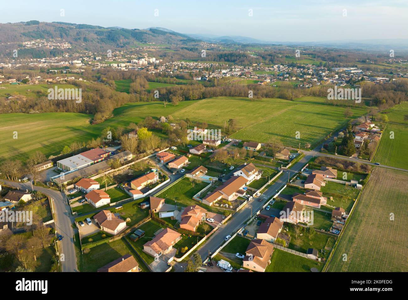 Aerial view of residential houses in green suburban rural area Stock ...