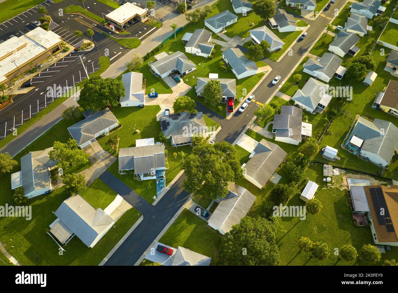 Aerial view of small town America suburban landscape with private homes