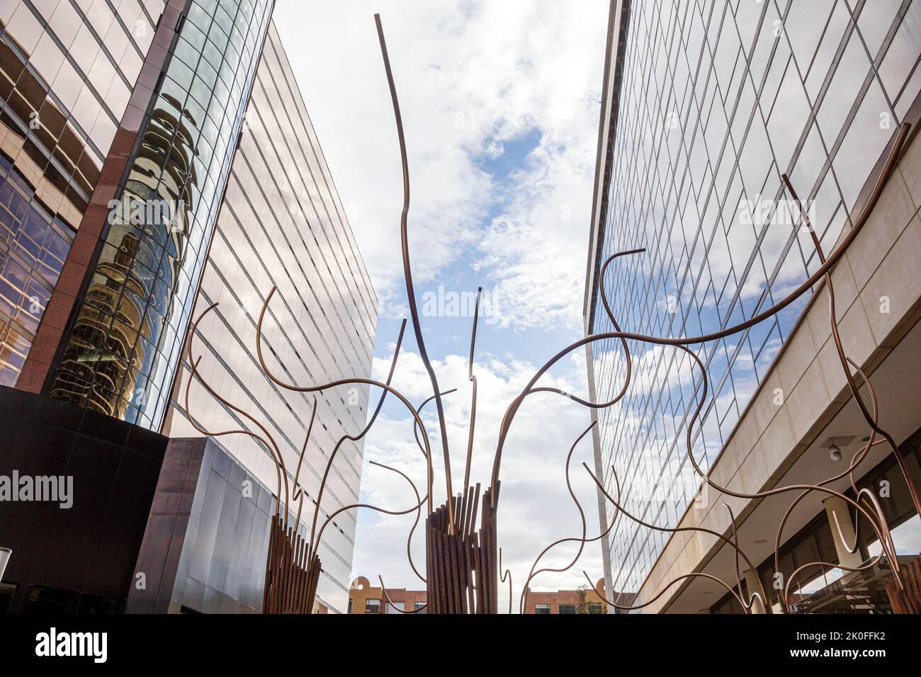 Bogota Colombia,Avenida El Dorado Calle 26,Edificio Torre 26 office commercial building urban plaza outdoor metal sculpture art artwork,Colombian Colo Stock Photo