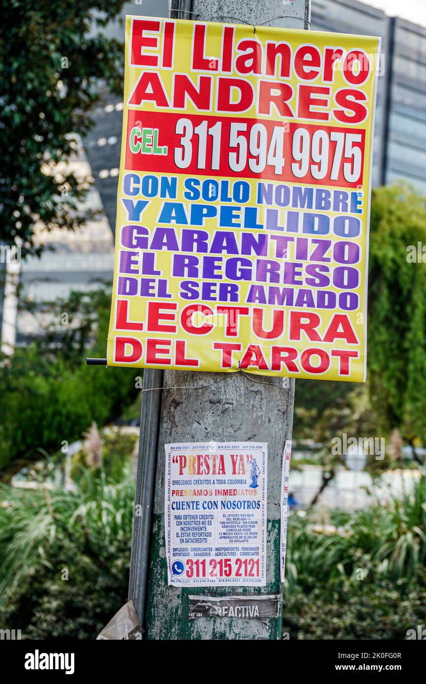 Bogota Colombia,Avenida El Dorado Calle 26,advertising snipe sign poster service Tarot reader reading clairvoyant spiritist Spiritism contact dead rel Stock Photo