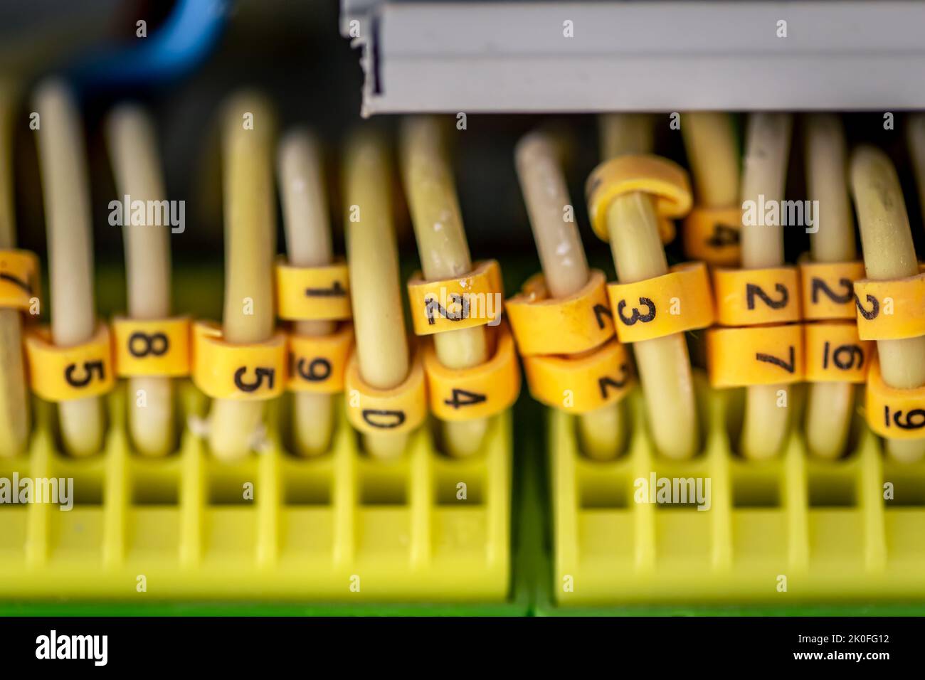 Close up circuit breakers and wire in control panel. Stock Photo