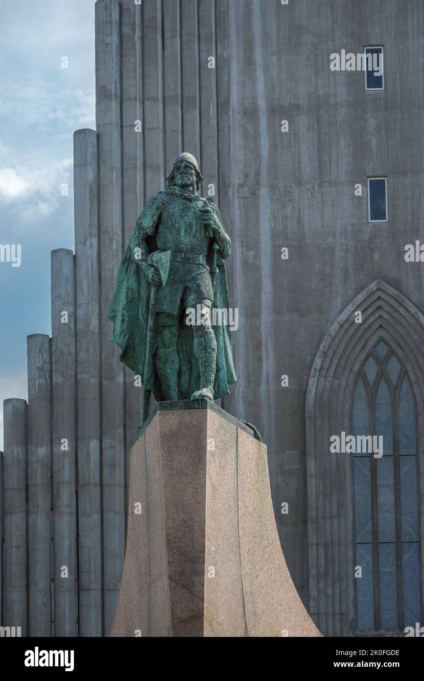 Hallgrimskirkja - the cathedral in Reykjavik, Iceland, and statue of Leifr Eriksson Stock Photo