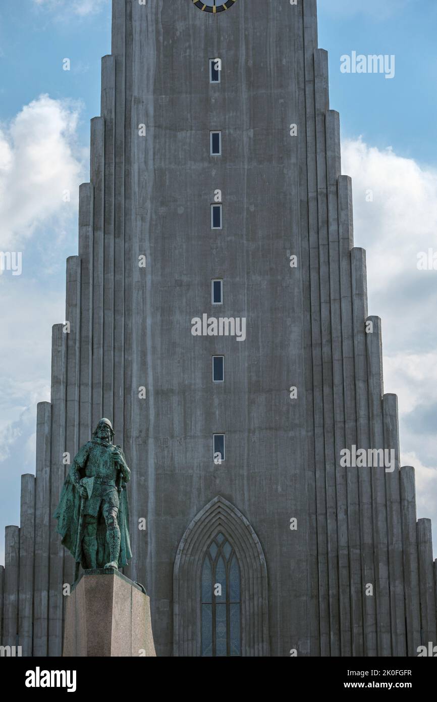 Hallgrimskirkja - the cathedral in Reykjavik, Iceland, and statue of Leifr Eriksson Stock Photo