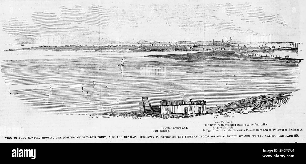 View of Fort Monroe, Virginia, showing the position of Sewall's Point, also the Rip-Raps, recently fortified by the Federal troops, June 1861. 19th century American Civil War illustration from Frank Leslie's Illustrated Newspaper Stock Photo