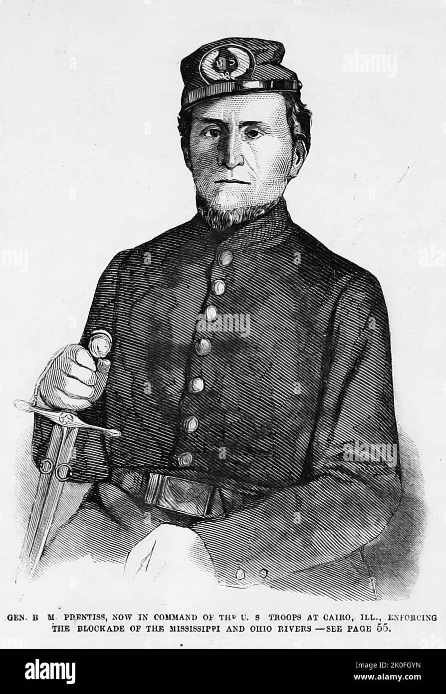 Portrait of General Benjamin Mayberry Prentiss, now in command of the U.S. troops at Cairo, Illinois, enforcing the blockade of the Mississippi and Ohio Rivers (1861). 19th century American Civil War illustration from Frank Leslie's Illustrated Newspaper Stock Photo