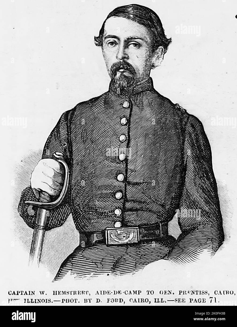 Portrait of Captain W. Hemstreet, aide-de-camp to General Benjamin Prentiss, Cairo, Illinois (1861). 19th century American Civil War illustration from Frank Leslie's Illustrated Newspaper Stock Photo