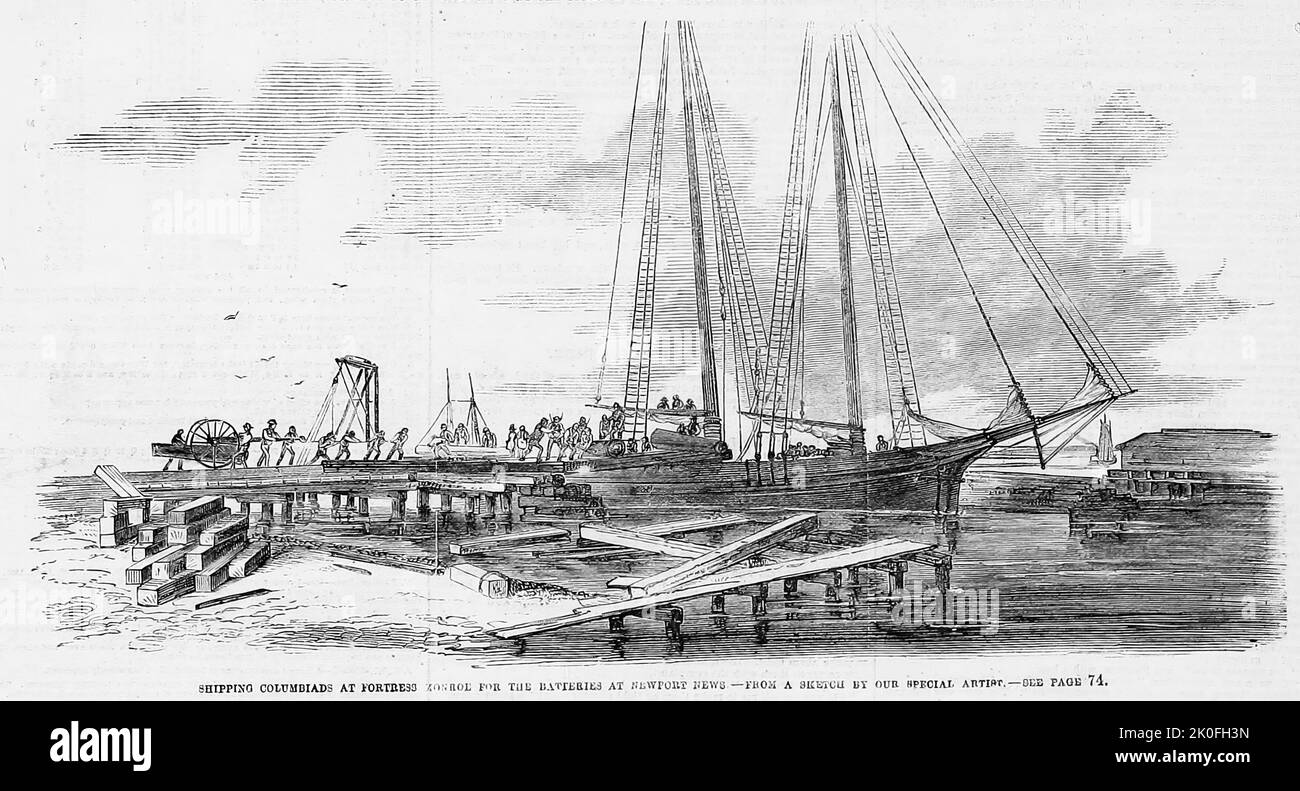 Shipping columbiads at Fort Monroe for the batteries at Newport News, Virginia, June 1861. 19th century American Civil War illustration from Frank Leslie's Illustrated Newspaper Stock Photo