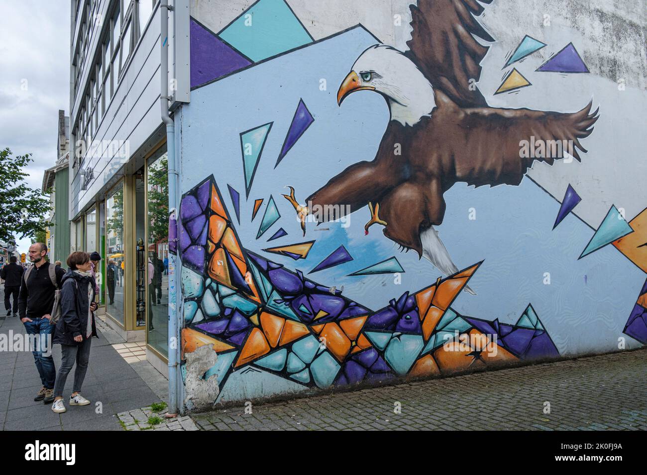 A mural of a bald headed eagle in a city centre street, Reykjavik, Iceland Stock Photo