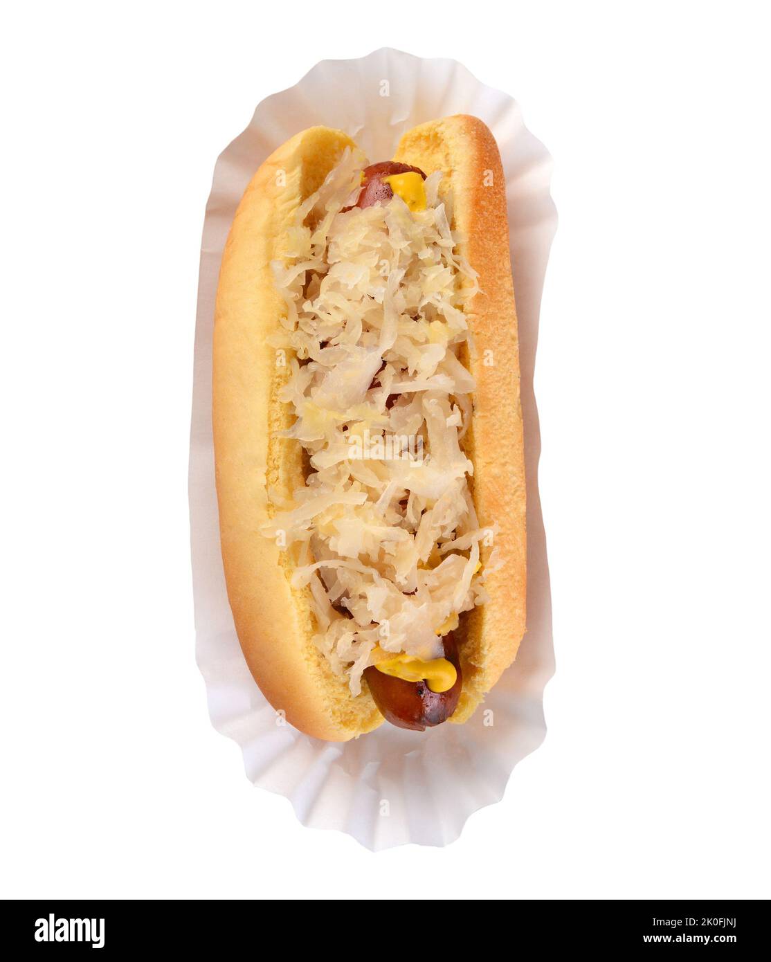 High angle shot of a hotdog with mustard and sauerkraut isolated on white. Stock Photo
