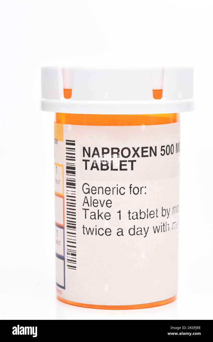 IRVINE, CALIFORNIA - 10 SEPT 2022: A presription bottle of Naproxen pain reliever 500mg capsules. Stock Photo