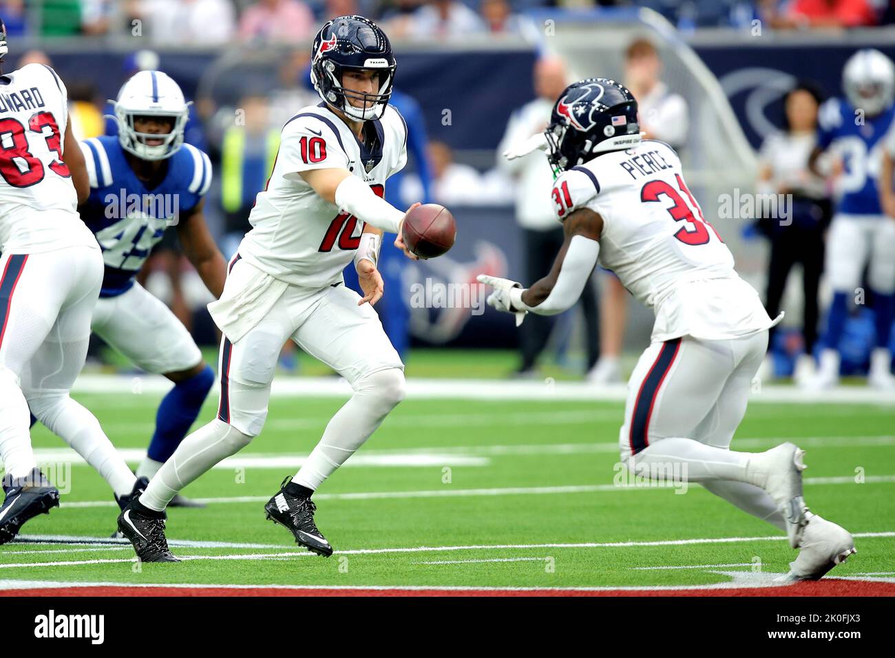 Houston, Texas, USA. 17th Sep, 2023. Houston Texans running back DAMEON  PIERCE (31) is tackled low by Indianapolis Colts linebacker E.J. SPEED (45)  on a running play during the first quarter of