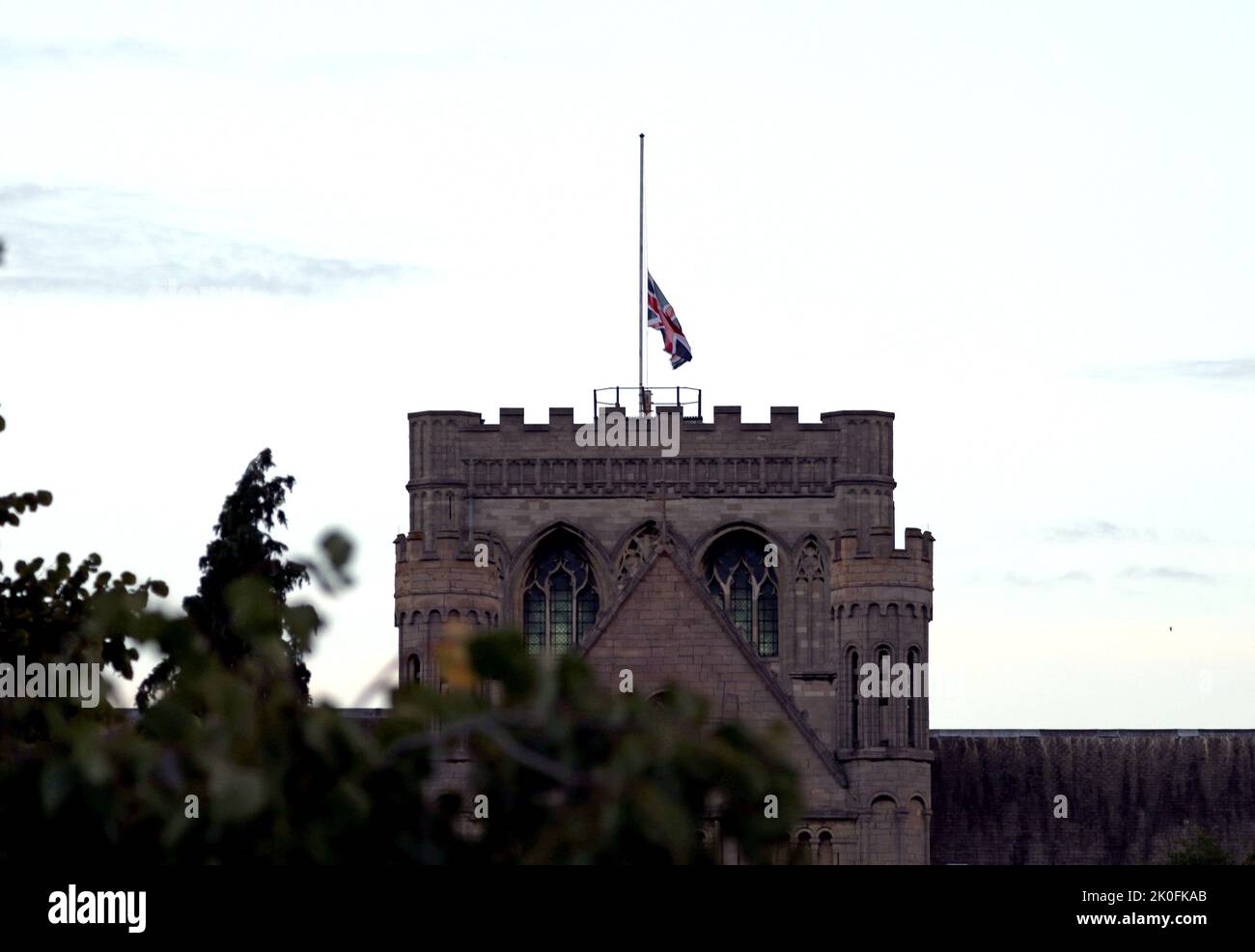 The flag flies at halfmast over Peterborough Cathedral, after the