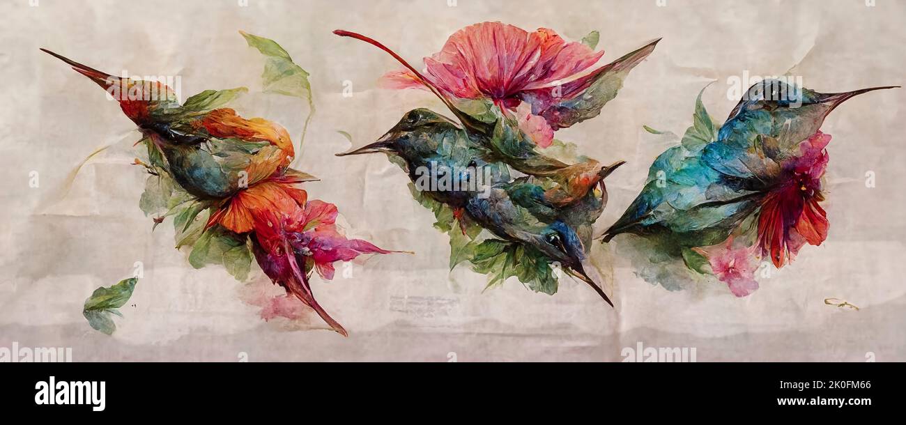 Bright Painting of Colibri among Leaves. Stock Illustration