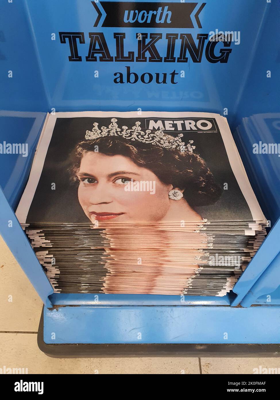 Peterborough, UK. 09th Sep, 2022. A stack of Metro newspapers with