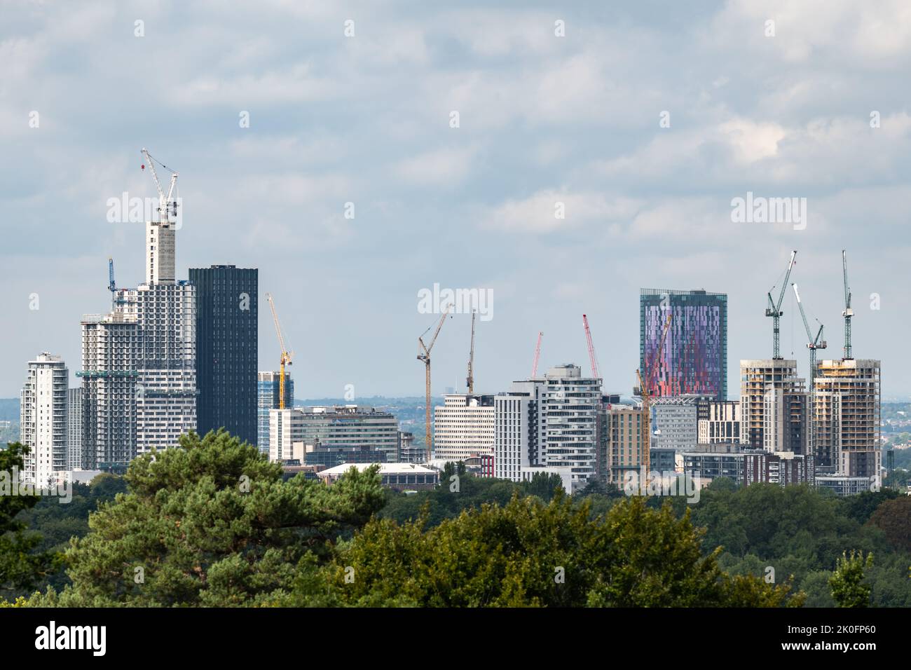 Central Croydon skyline showing intensive building work construction with 11 tower cranes amongst the skyscrapers and tall buildings. Sep 2022. Stock Photo