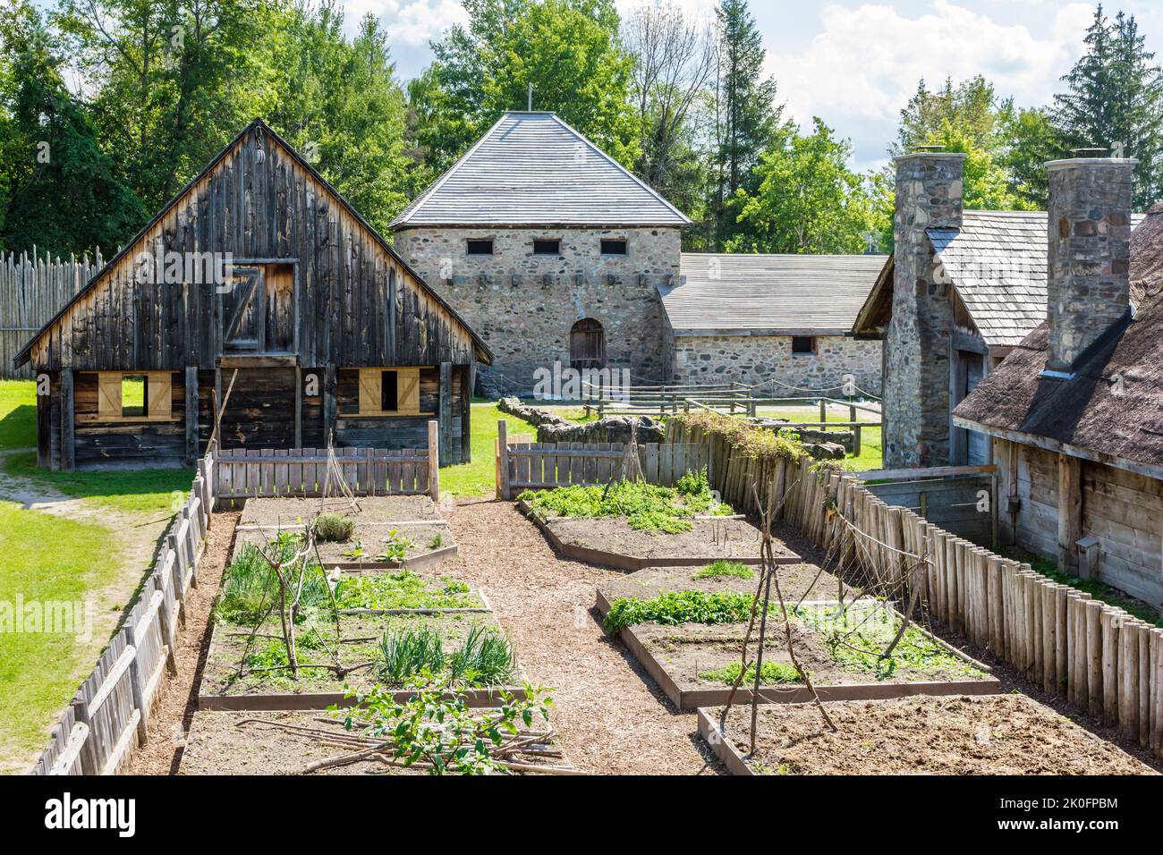 Reconstructed buildings of Jesuit settlement and garden in Saint Marie Among the Hurons, Midland, Ontario, Canada Stock Photo