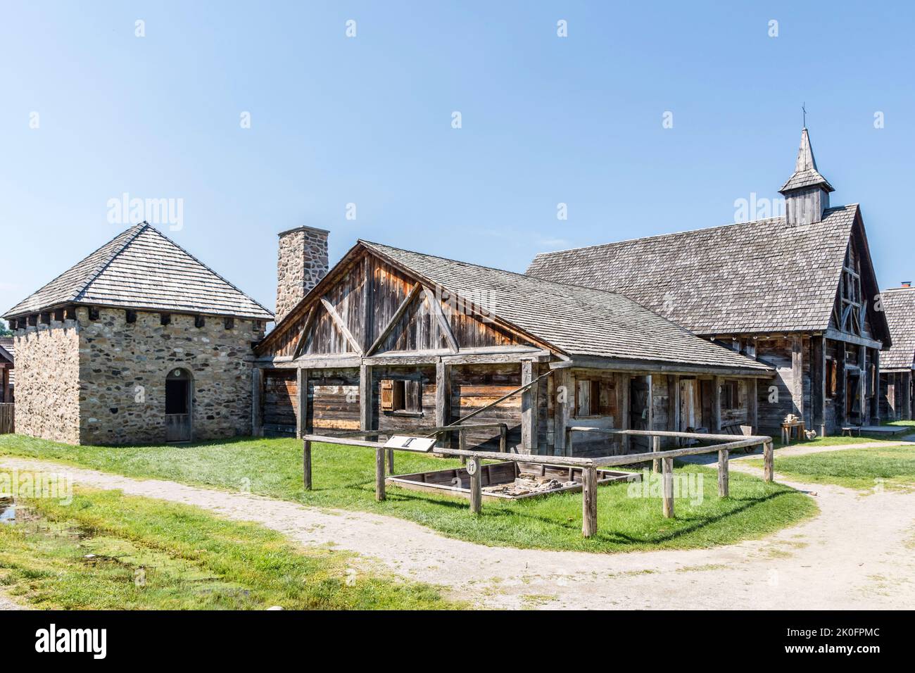 Reconstructed buildings of Jesuit settlement in Saint Marie Among the Hurons, Midland, Ontario, Canada Stock Photo