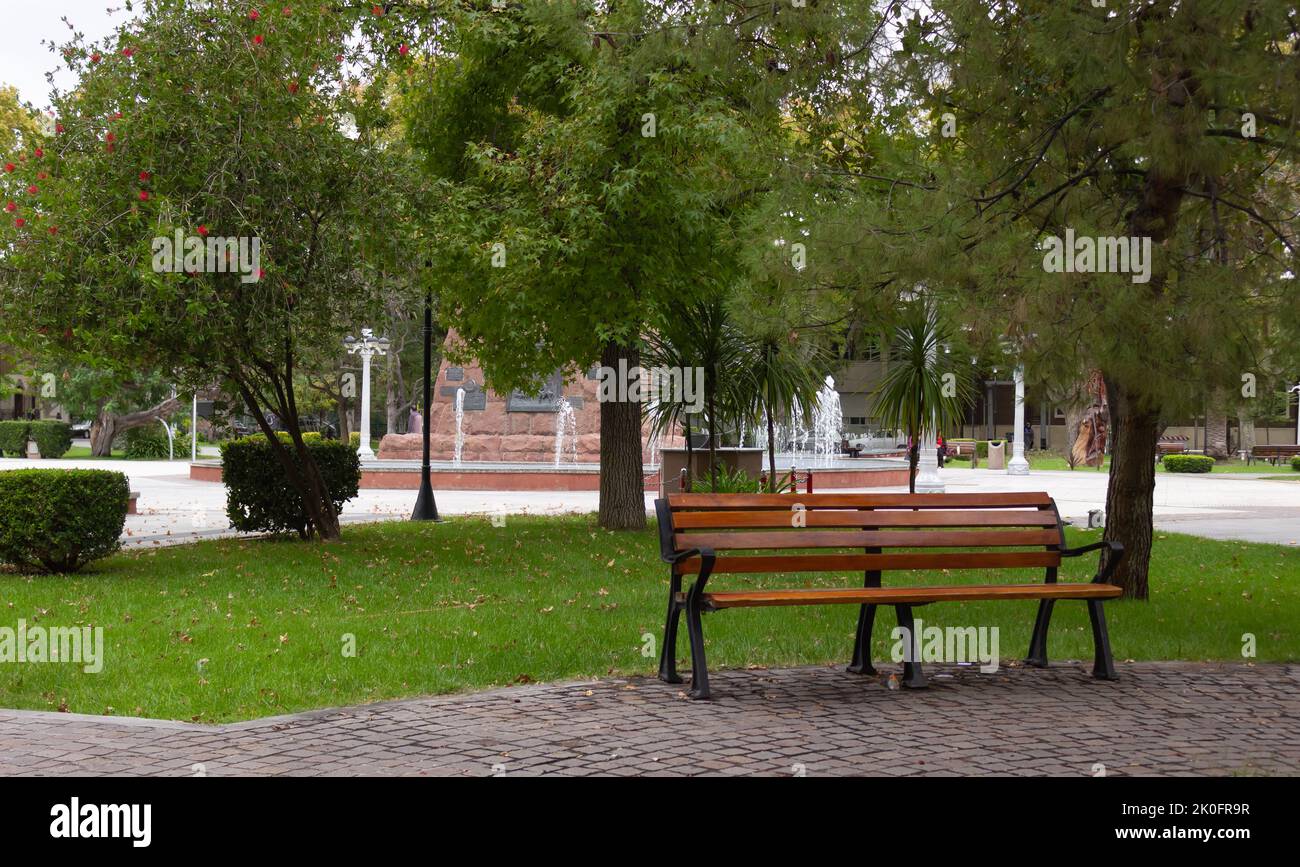 Wooden bench in a city park without people Stock Photo Alamy