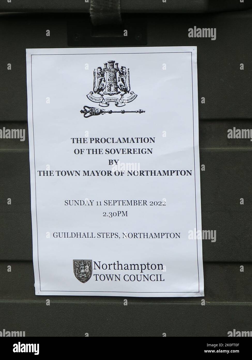 The poster at Northampton Guildhall announcing the ceremony for the Proclamation of the Sovereign, King Charles III on 11 September 2022. Stock Photo