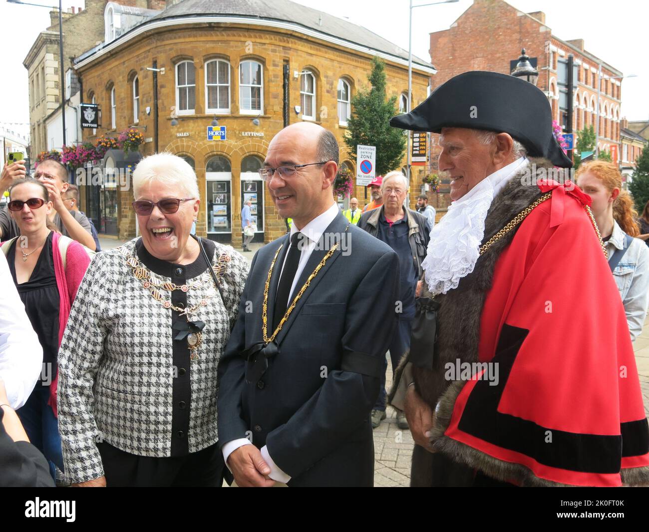 The Mayor of Northampton Cllr Dennis Meredith, Cllr Andre Gonzalez De Savage and the Mayor's wife at the Royal Proclamation for King Charles III. Stock Photo