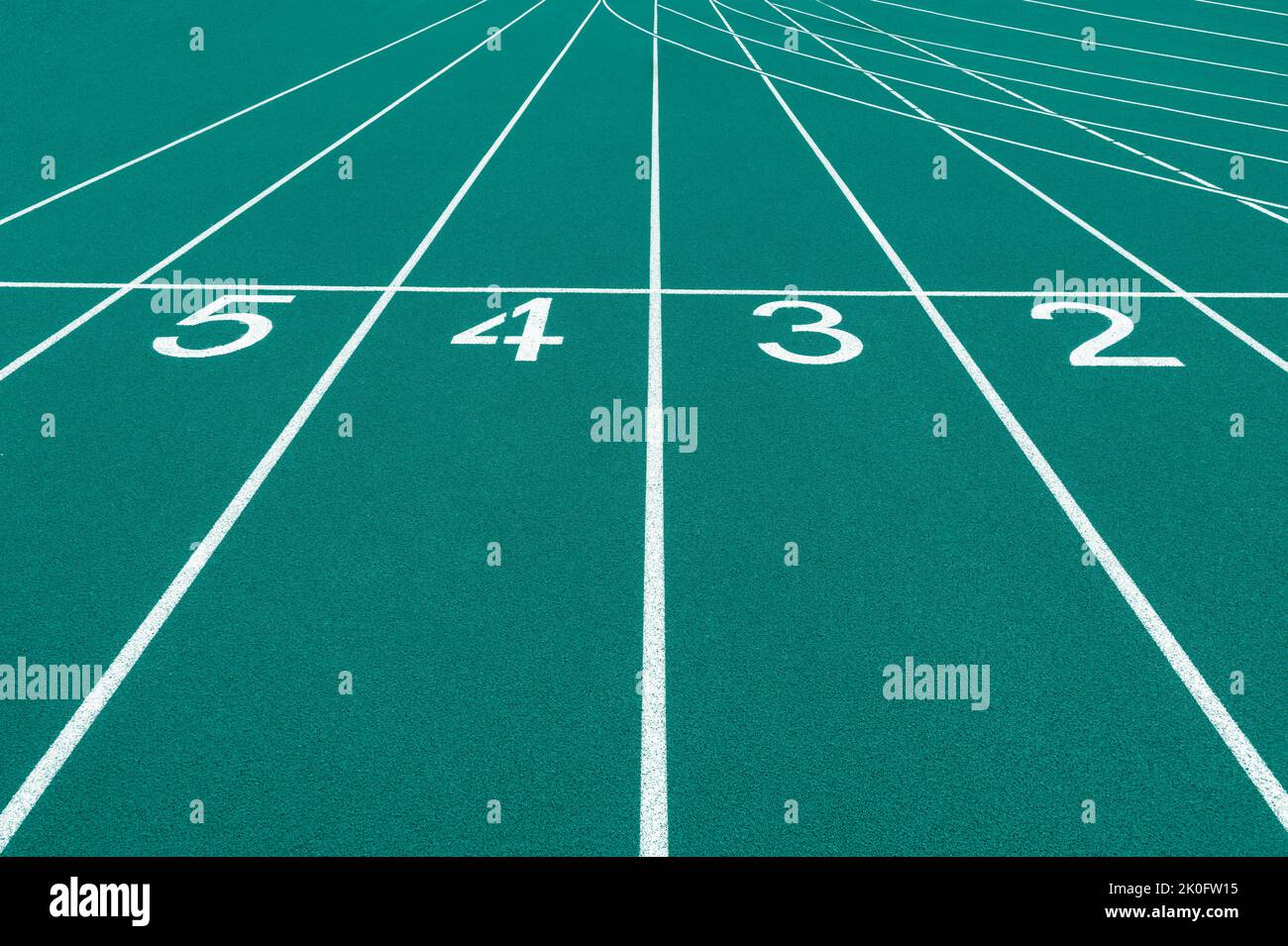 Mint color track and field lanes and numbers. Running lanes at a track and field athletic center. Horizontal sport theme poster, greeting cards, heade Stock Photo