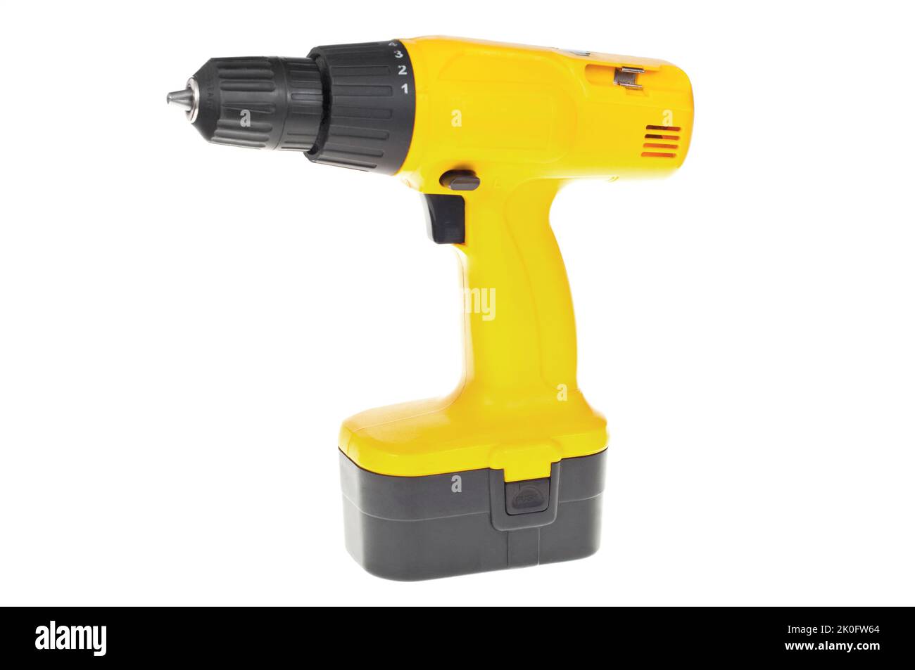 Cordless rechargeable electric drill on white background. Stock Photo