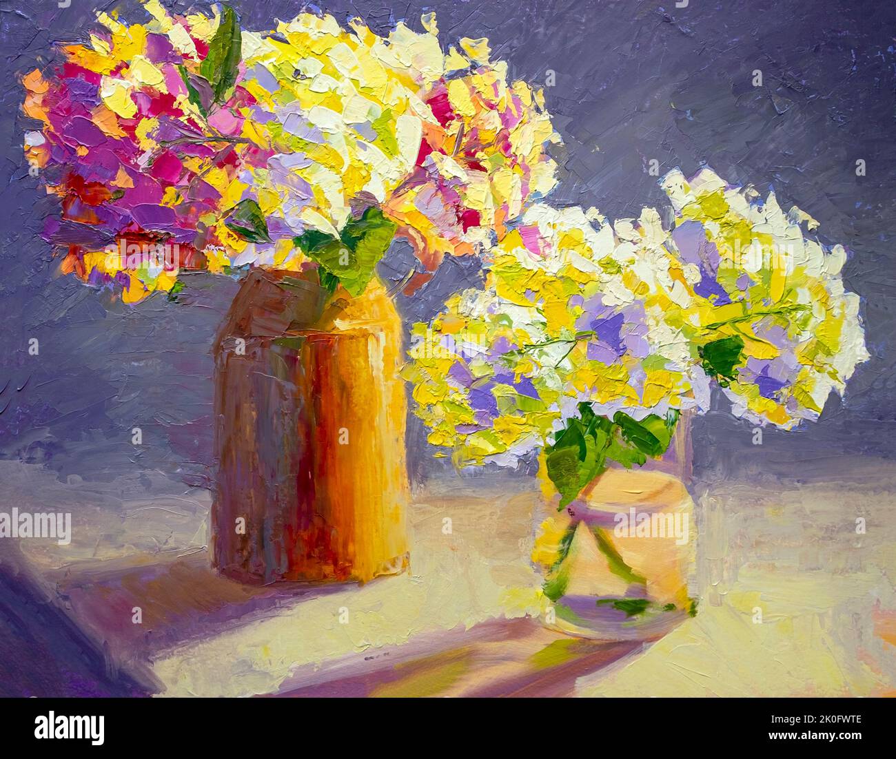 Sunny flowers in ceramic vase. Still life art, oil painting on canvas
