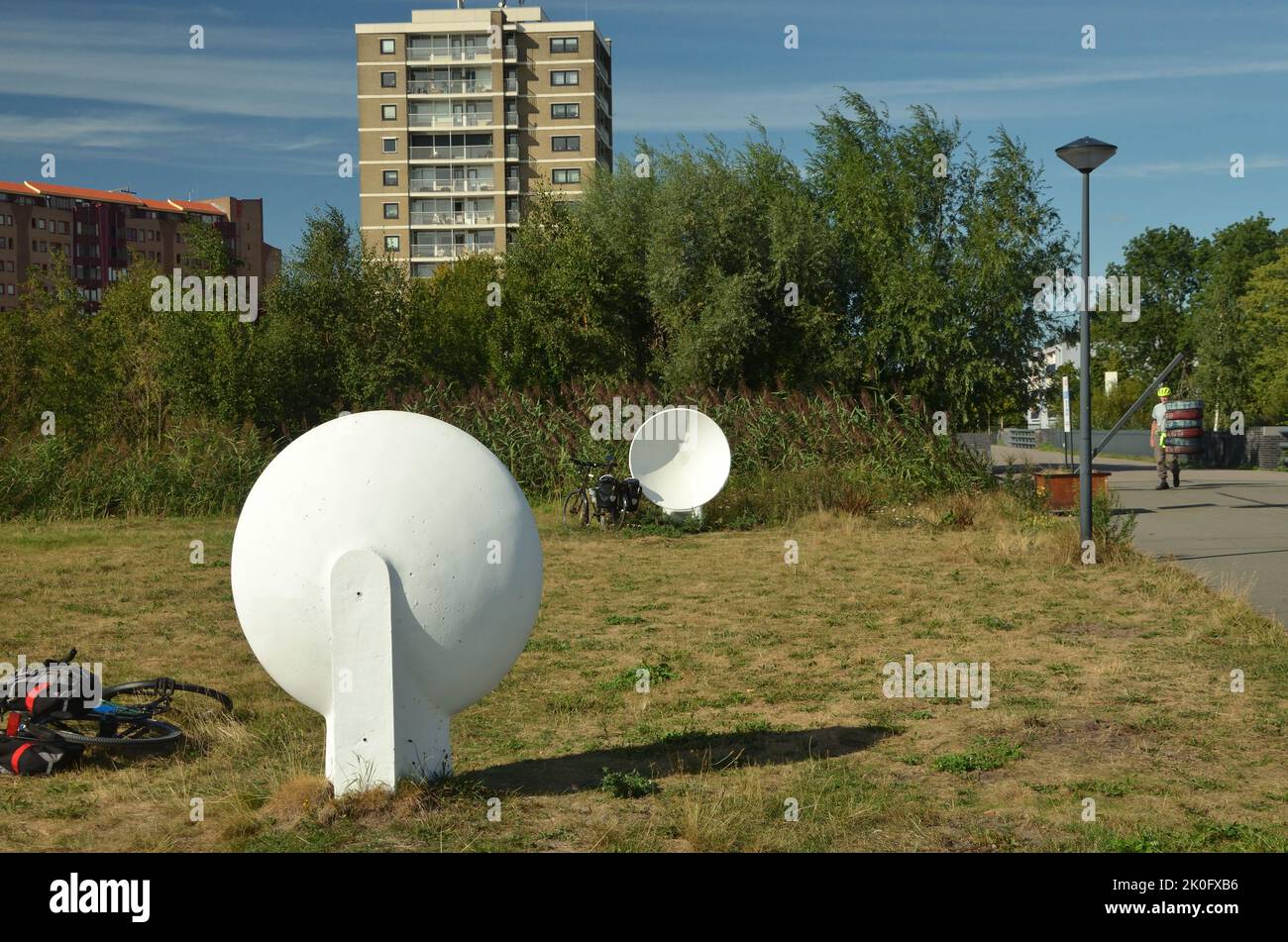 Acoustic mirrors (sound reflecting dishes) in a suburban park in Haarlem, Netherlands Stock Photo