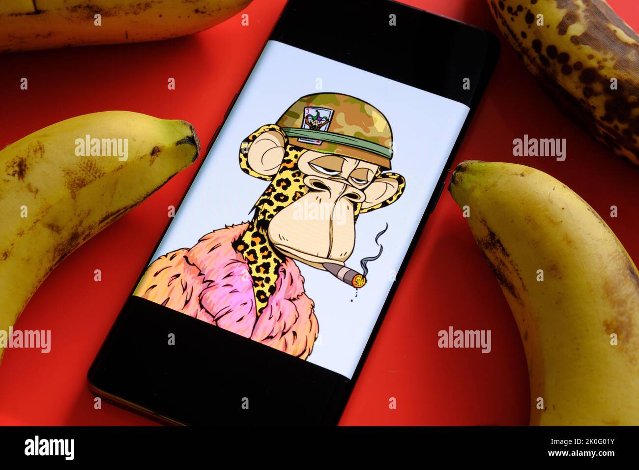 Bored Ape #6723 NFT seen on the smartphone screen surrounded by rotten bananas. Snoop Dogg’s NFT. Stafford, United Kingdom, September 11, 2022. Stock Photo