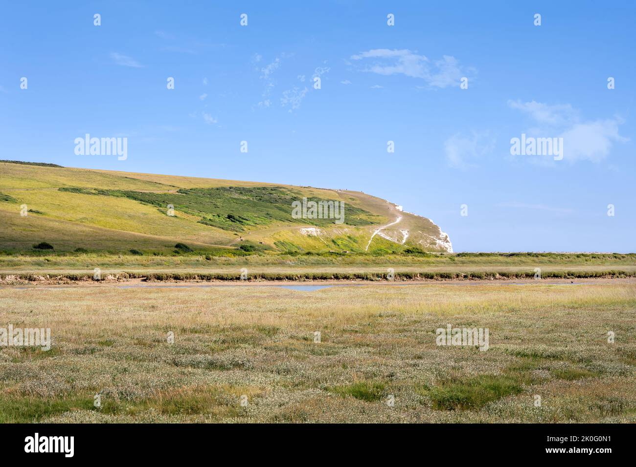 View of Cuckmere Haven and the beginning of the Seven Sisters on a summer afternoon, East Sussex, England Stock Photo