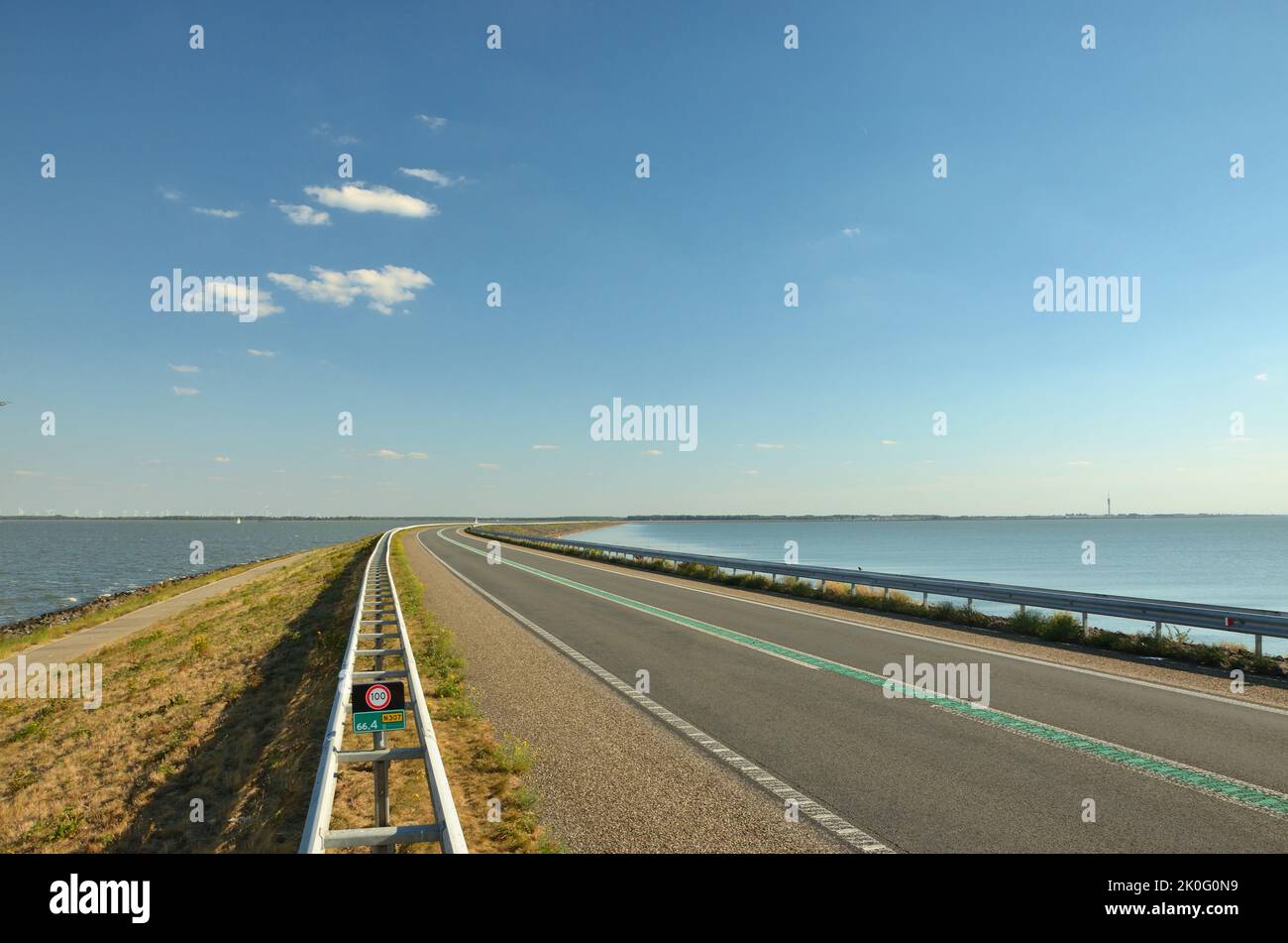 The Houtribdijk crossing, a 27km long causeway and flood defence between Lelystad and Enkhuizen, Netherlands Stock Photo