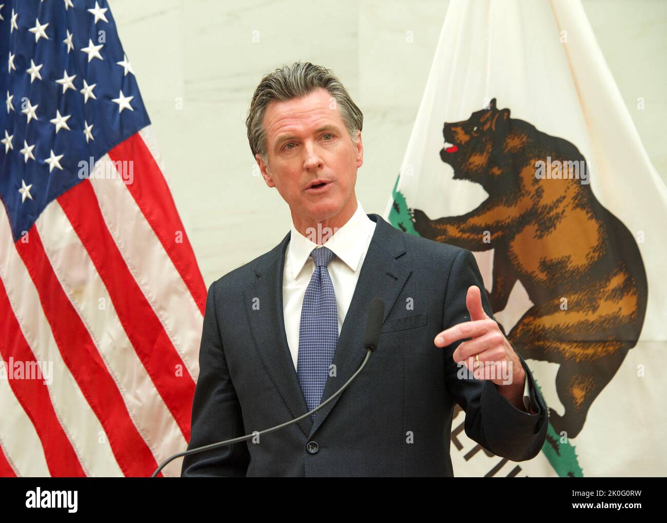 San Francisco, CA - April 26, 2022: California Governor Gavin Newsom speak at the Kindergarten to College program Progress update Press Conference in Stock Photo