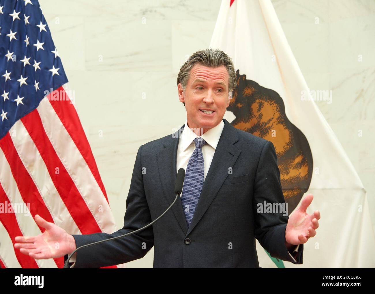 San Francisco, CA - April 26, 2022: California Governor Gavin Newsom speak at the Kindergarten to College program Progress update Press Conference in Stock Photo