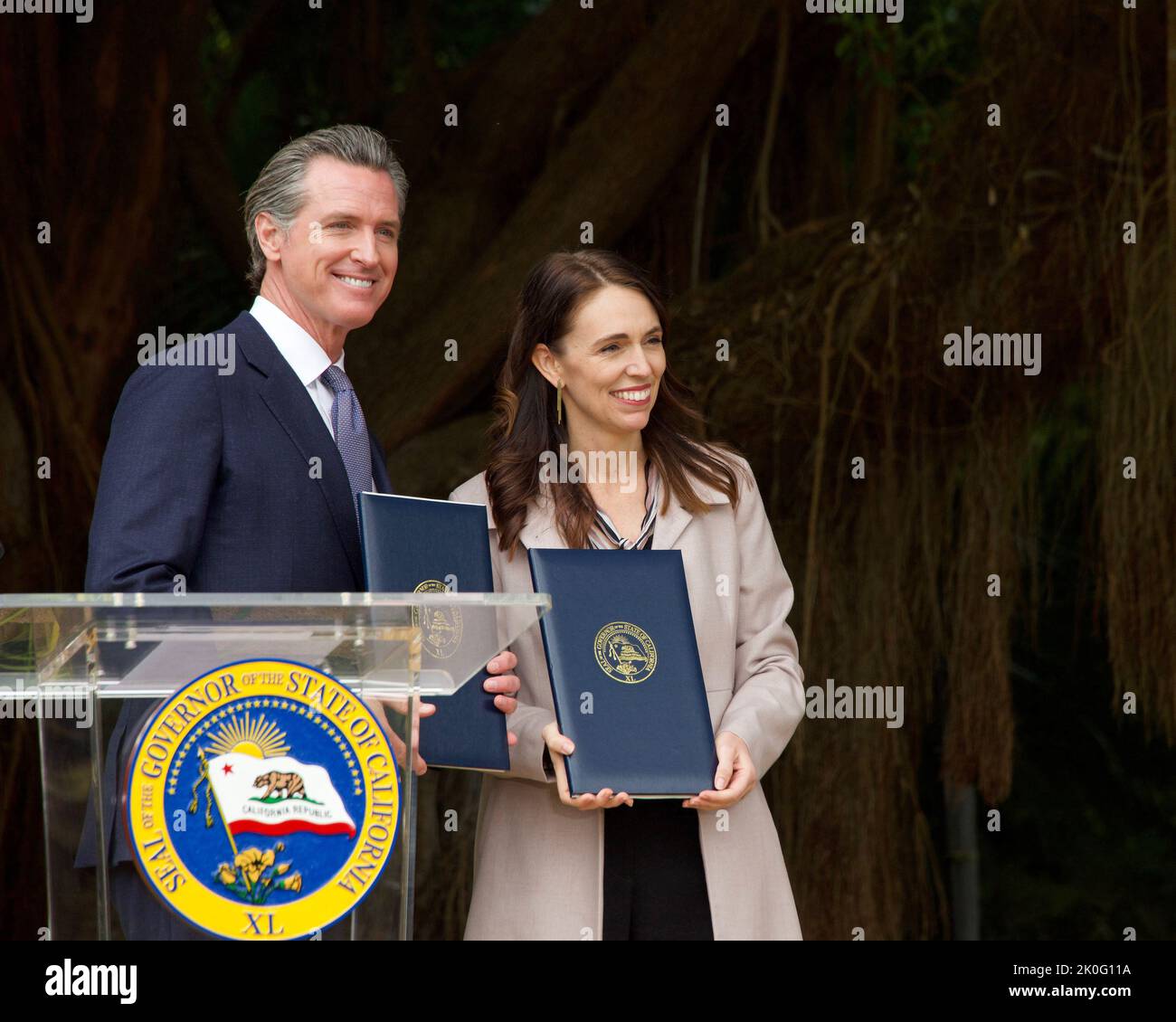 San Francisco, CA - May 27, 2022: Governor Newsome and Prime Minister Jacinda Ardern at the California and New Zealand Partner to Advance Global Clima Stock Photo